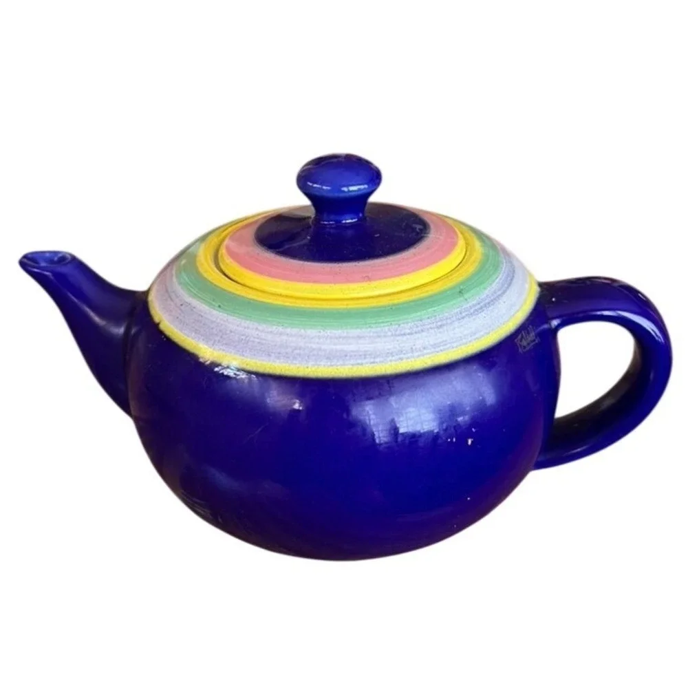 Vintage‎ Made In Italy Baldelli Pottery Teapot Stripe Cobalt Blue And Yellow 90s